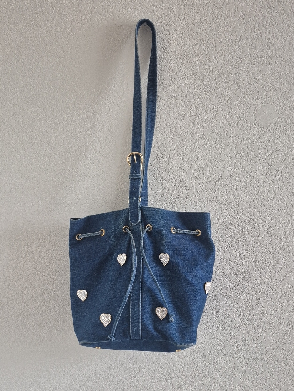Sepcoeur Paris Denim Bucket Drawstring Bucket Bag with Heart Studs - Blue